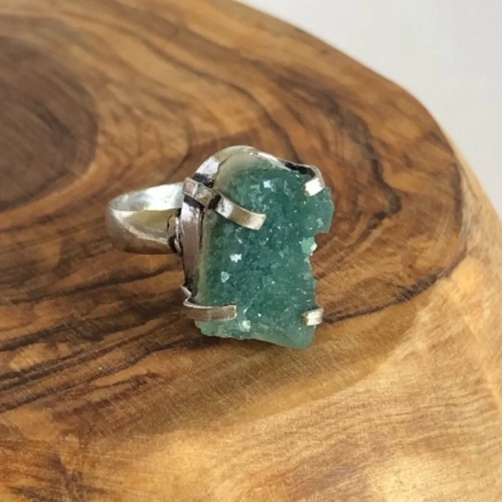 Green Druzy Silver Plated Ring